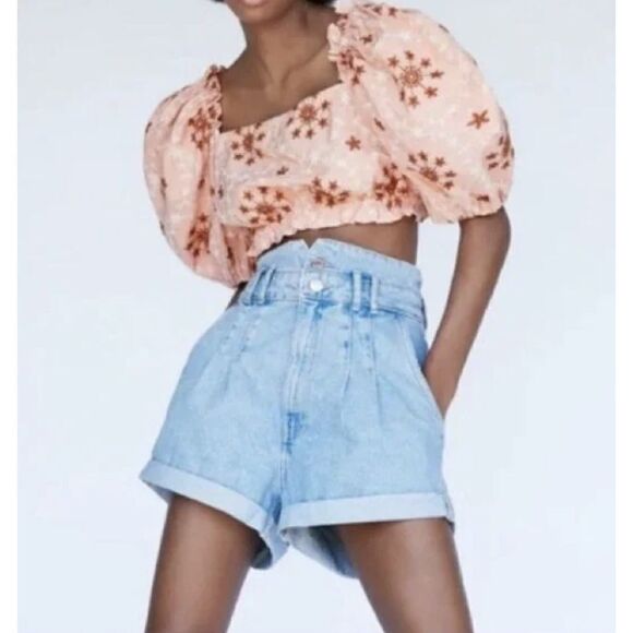 Zara XS Womens Embroidered Cropped Top  Puff Sleeve Floral Coral Peach  - Picture 4 of 15